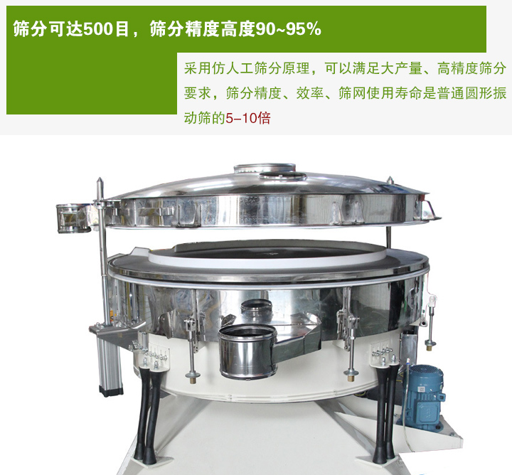 搖擺篩分機(jī)采用仿人工篩分原理，可以滿足大產(chǎn)量、高精度篩分 要求，篩分精度、效率、篩網(wǎng)使用壽命是普通圓形振 動(dòng)篩的5-10倍