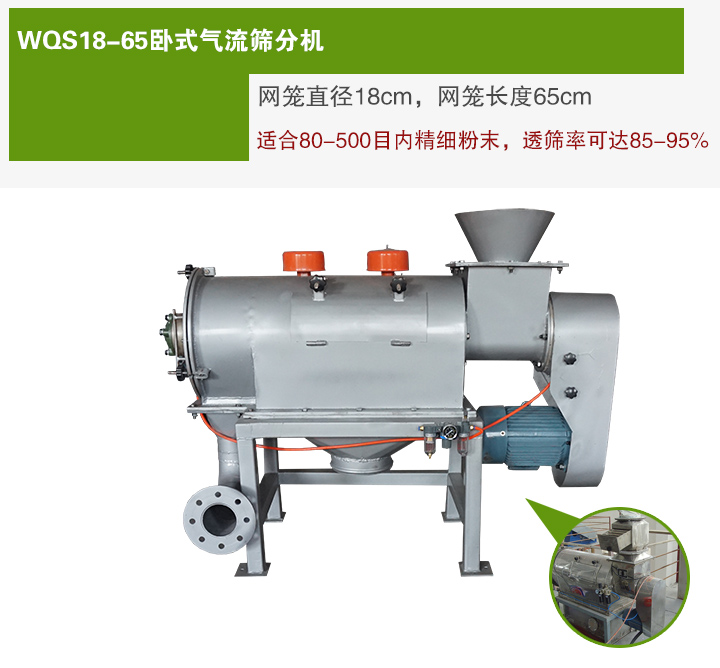 WQS18-65臥式氣流篩分機(jī)網(wǎng)籠直徑為18cm，網(wǎng)籠長(zhǎng)度為65cm